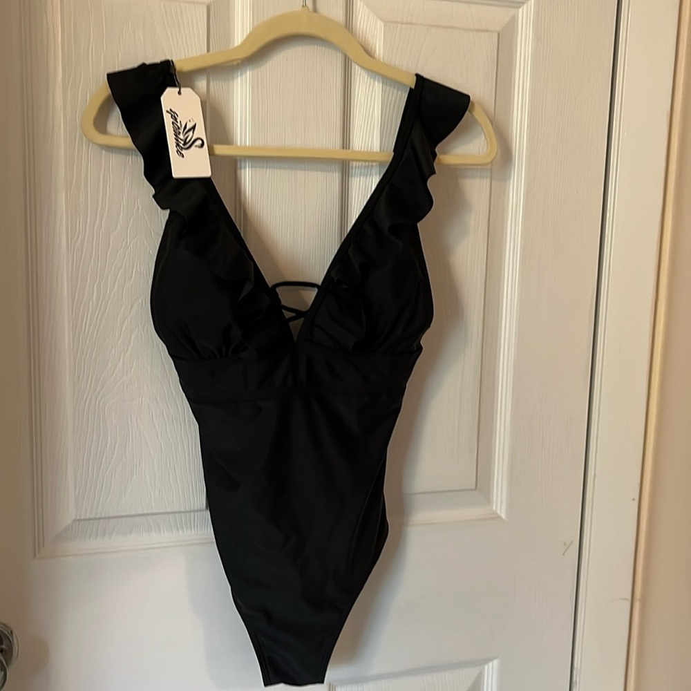 Sporlike NWT black flirty 1 piece swimsuit size S lace up back vintage look